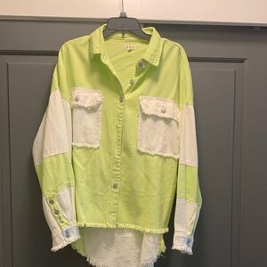 POL Lime and White Frayed Button-Up Shacket